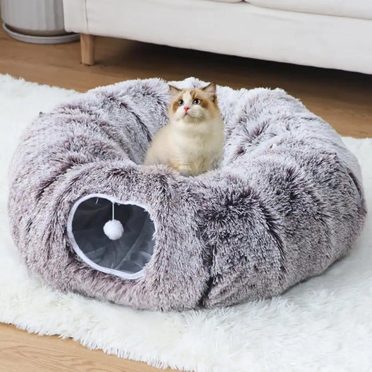 Washable Cat Tunnel Cozy Plush Cat Tunnel Bed with Hanging Balls for Indoor Kittens Small Cats Washable Donut Toy for Pets