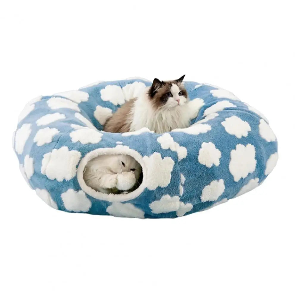 Washable Cat Tunnel Cozy Plush Cat Tunnel Bed with Hanging Balls for Indoor Kittens Small Cats Washable Donut Toy for Pets
