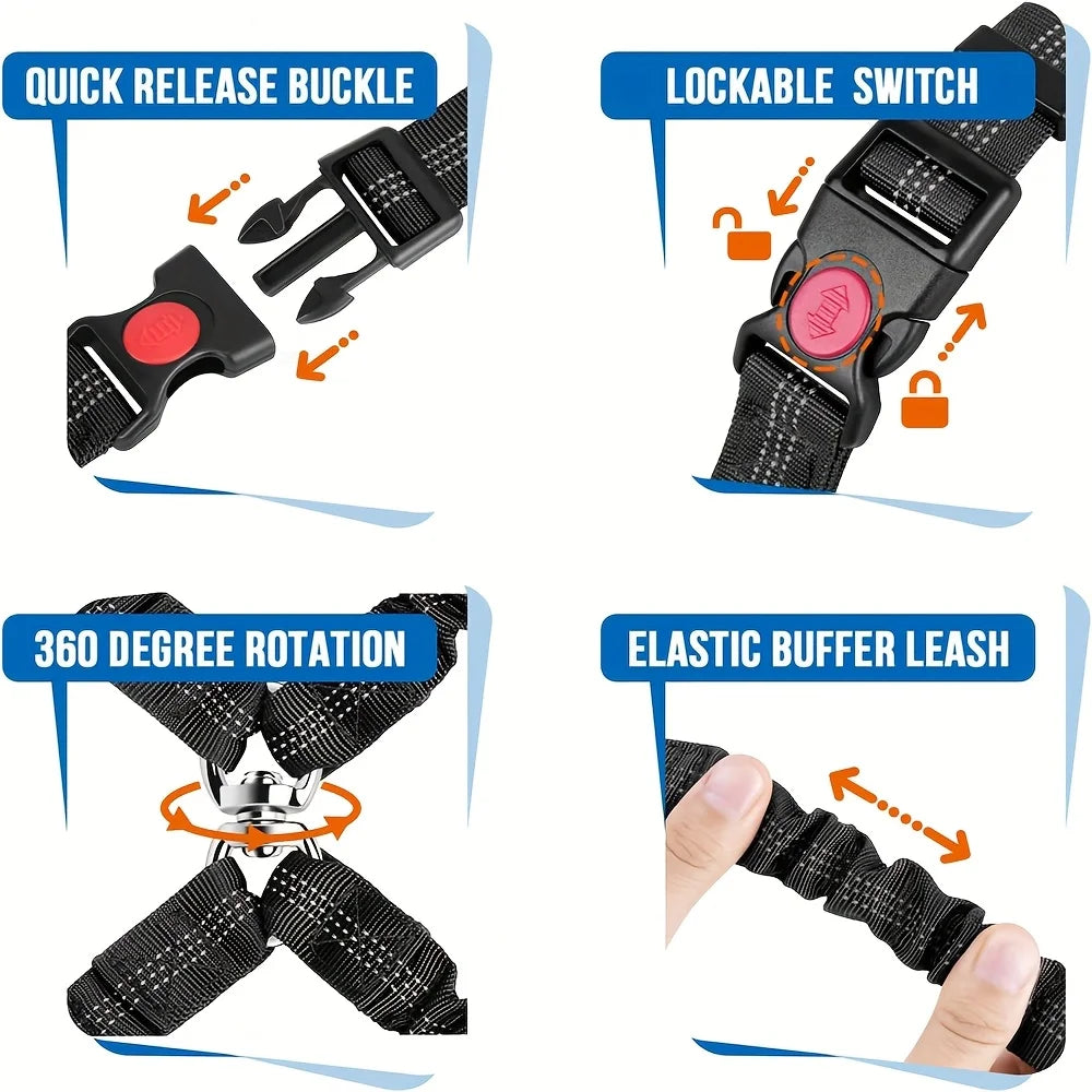 Dog Seat Belt for Car,Dog Car Harness Seatbelt Adjustable with Elastic Bungee Buffer, 2in1 Pet Leash Restraint Dog Safety Tether