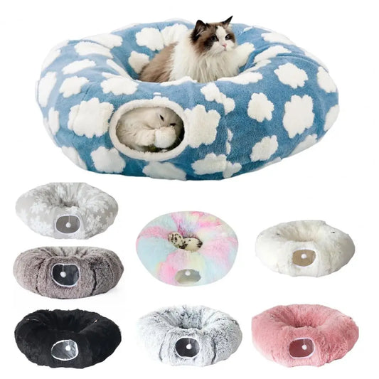 Washable Cat Tunnel Cozy Plush Cat Tunnel Bed with Hanging Balls for Indoor Kittens Small Cats Washable Donut Toy for Pets