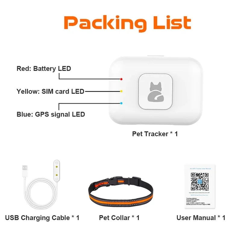 GPS Pet Tracker with Colorful LED Flash 4G Smart Pet Collar IP67 Waterproof Pedometer Pet Calorie Health Data Tracker White