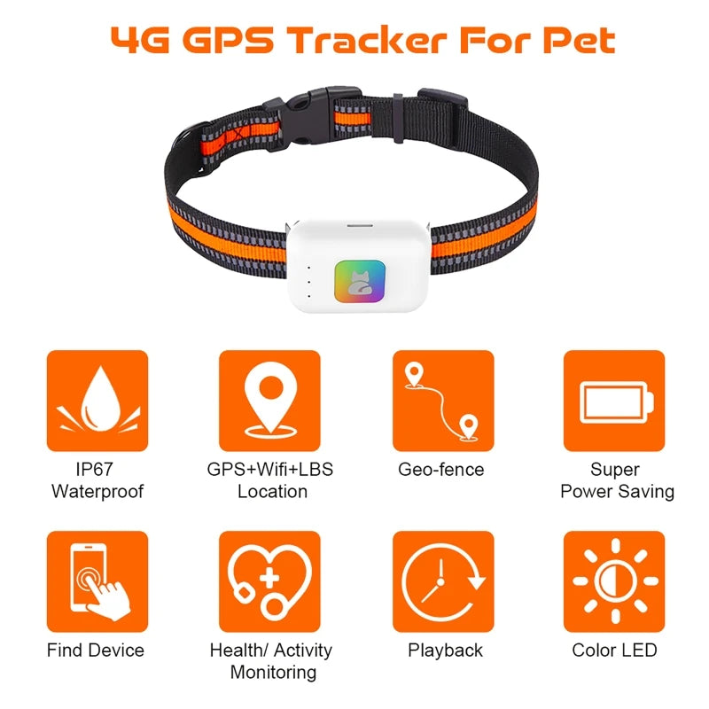 GPS Pet Tracker with Colorful LED Flash 4G Smart Pet Collar IP67 Waterproof Pedometer Pet Calorie Health Data Tracker White