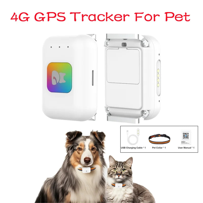 GPS Pet Tracker with Colorful LED Flash 4G Smart Pet Collar IP67 Waterproof Pedometer Pet Calorie Health Data Tracker White