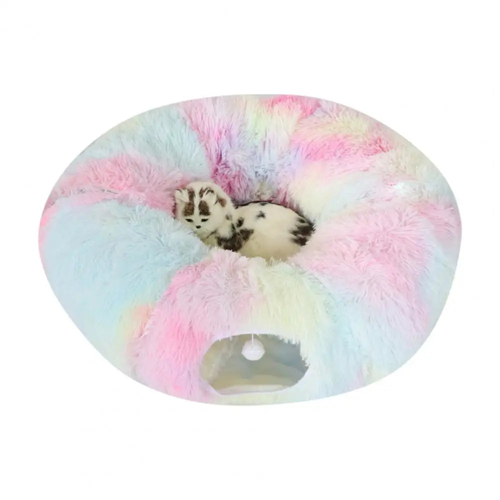 Washable Cat Tunnel Cozy Plush Cat Tunnel Bed with Hanging Balls for Indoor Kittens Small Cats Washable Donut Toy for Pets