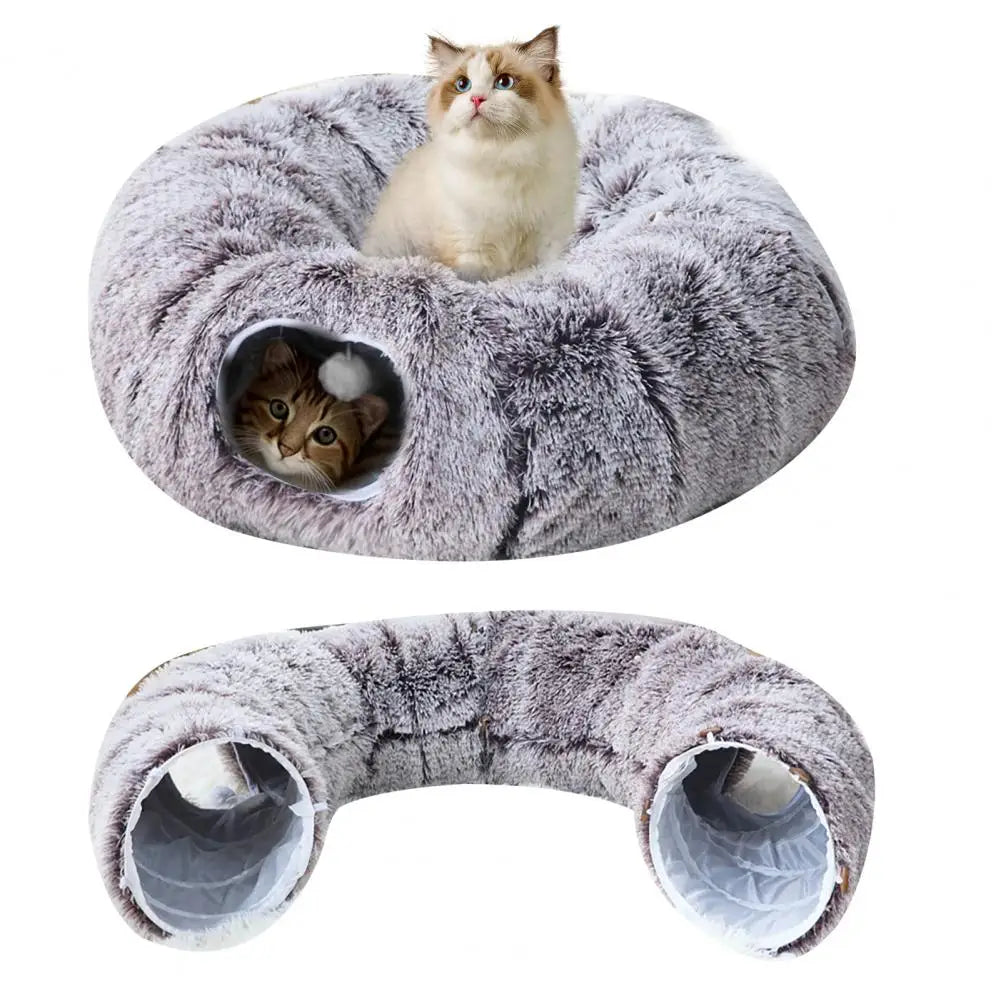 Washable Cat Tunnel Cozy Plush Cat Tunnel Bed with Hanging Balls for Indoor Kittens Small Cats Washable Donut Toy for Pets