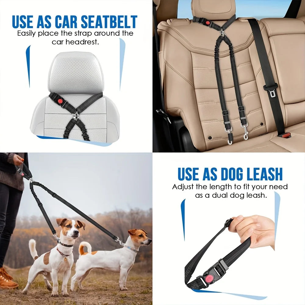 Dog Seat Belt for Car,Dog Car Harness Seatbelt Adjustable with Elastic Bungee Buffer, 2in1 Pet Leash Restraint Dog Safety Tether