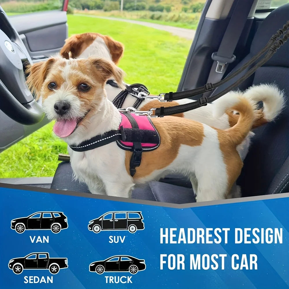 Dog Seat Belt for Car,Dog Car Harness Seatbelt Adjustable with Elastic Bungee Buffer, 2in1 Pet Leash Restraint Dog Safety Tether